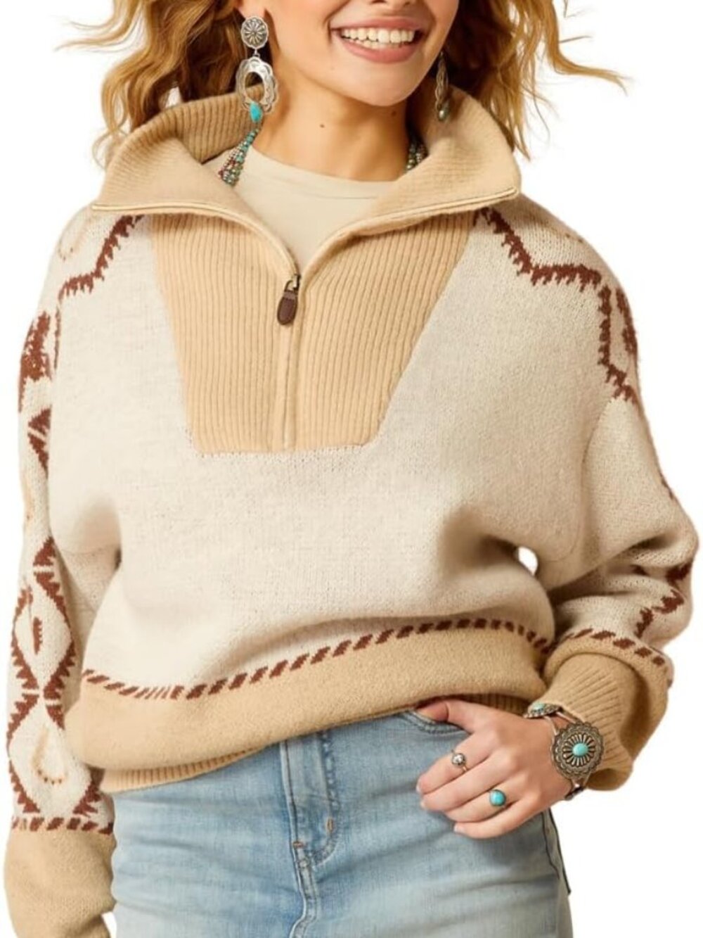 NWT ARIAT Women's Wild West Sweater in Summer Sand/Irish Cream Size XL